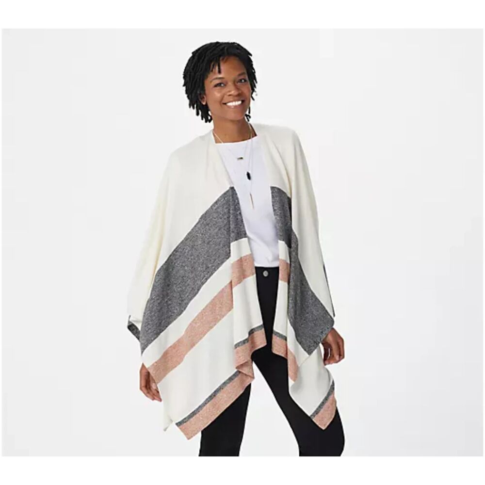 Laurie Felt Cashmere Blend Stripe Ruana Open Front Poncho